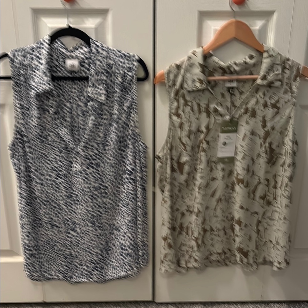 2 Cabi Sleeveless Printed Tops - Blue & Beige - Large -new & like new